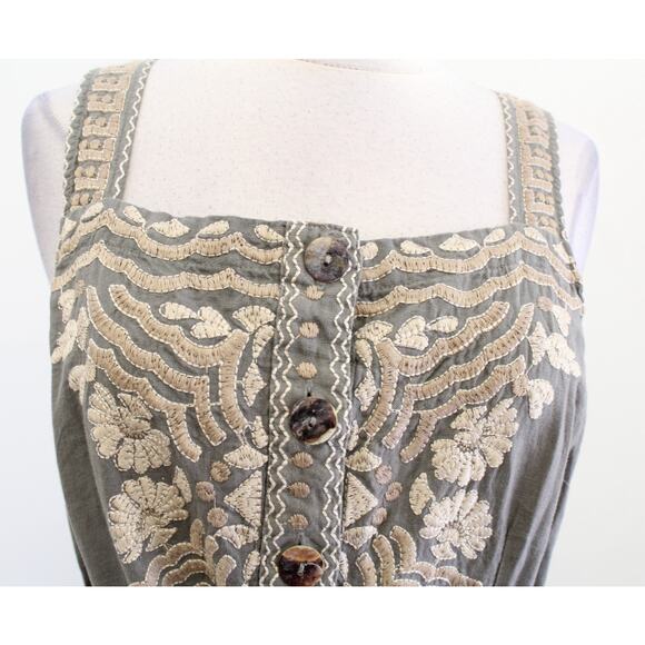 Johnny Was Green Ornate Floral Embroidered Button Front Tie Waist Linen Dress S - Picture 3 of 8